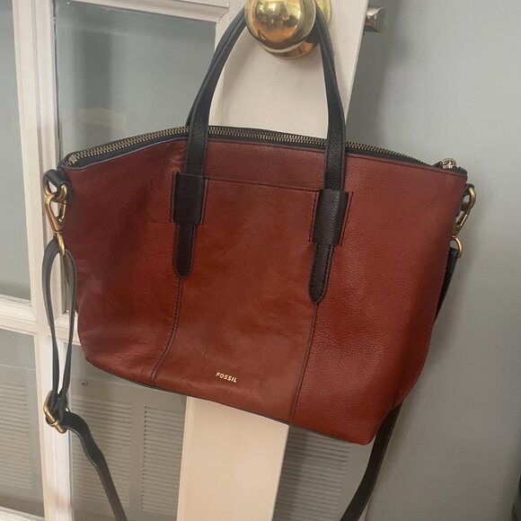 Fossil Skylar Satchel Top Handle Bag Brown Leather Black Suede Accent - Picture 4 of 12